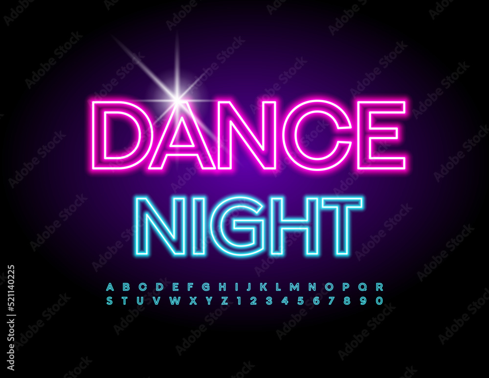 Vector Neon emblem Dance Night. Bright Glowing Font. Electric Alphabet Letters and Numbers