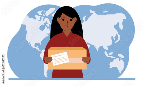 Female courier in uniform holding a box. The concept of delivering parcels around the world.
