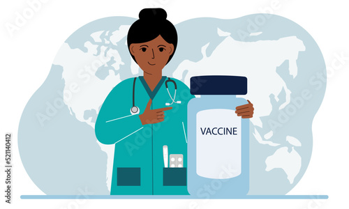 Pandemic, vaccination and health concept. Doctor with a bottle of vaccine.