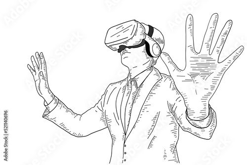 Vector Hand Drawn Engraving Style Suit Man Wearing Virtual Reality Headset Abstract VR world Person wearing virtual reality glasses and traveling the world Meta verse Virtual guide Technology Concept.