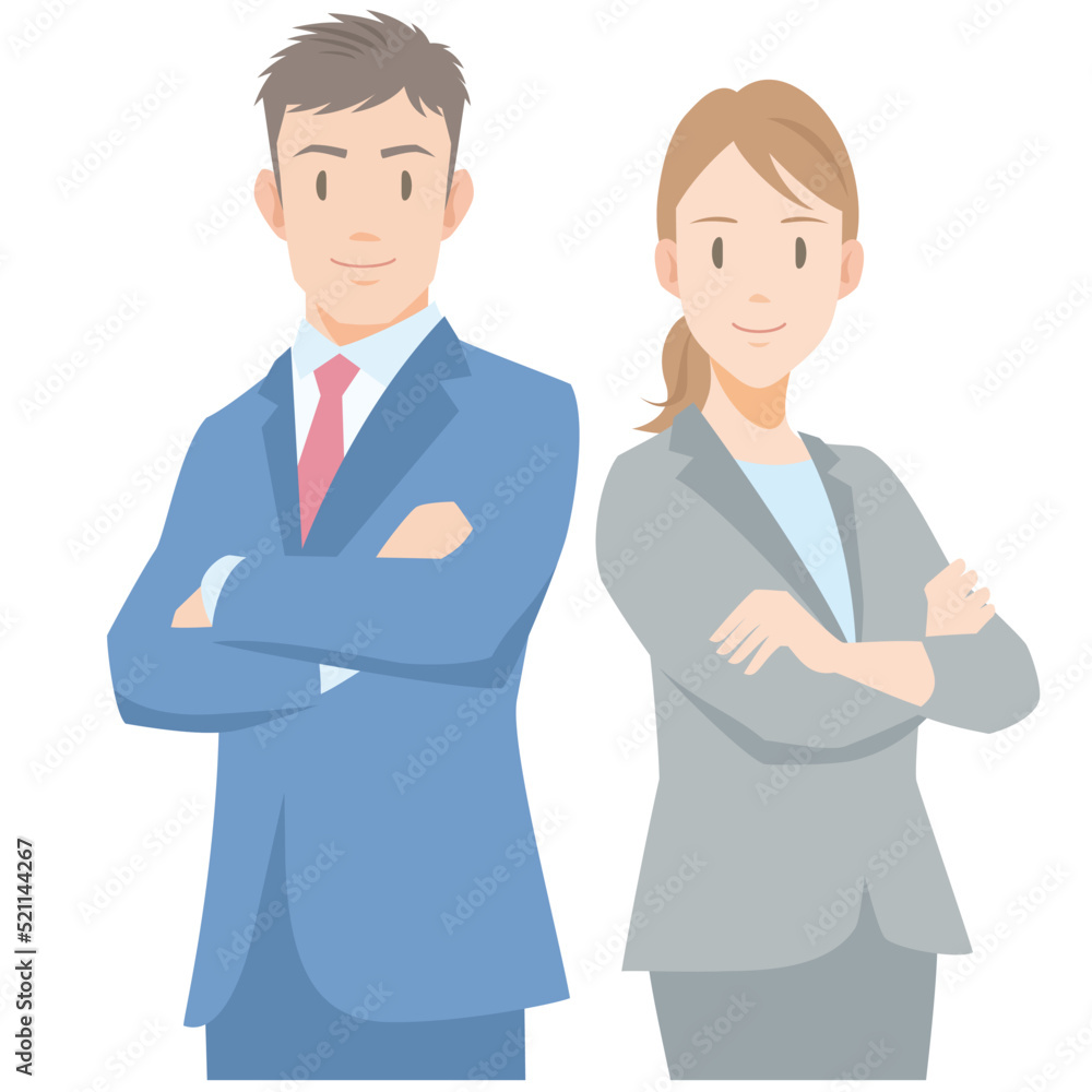 Two young business people are smiling. Flat vector illustration isolated on white background. Two young business people are smiling. Flat vector illustration isolated on white background.