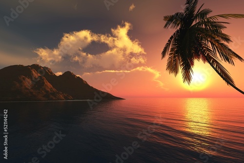 Palm tree over water at sunset, seascape with palm tree and island, 3d rendering