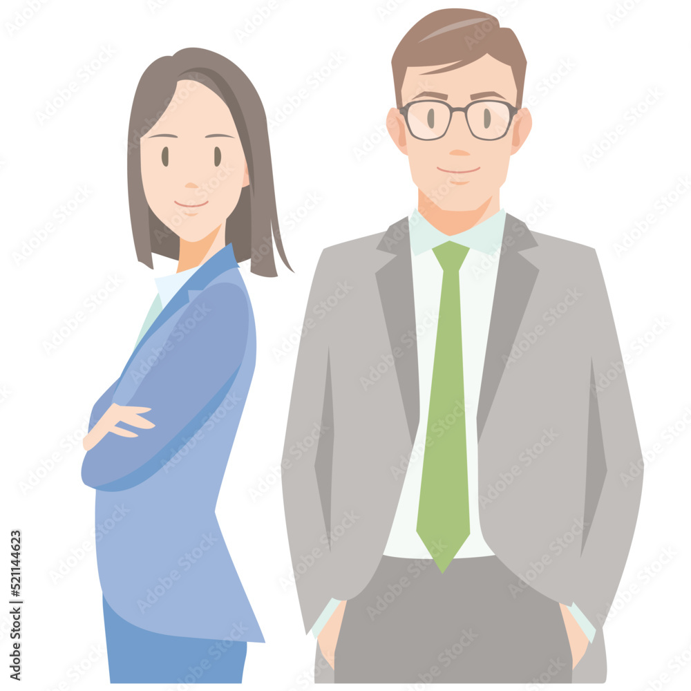 Two young office workers standing with smile. Flat vector illustration isolated on white background.
