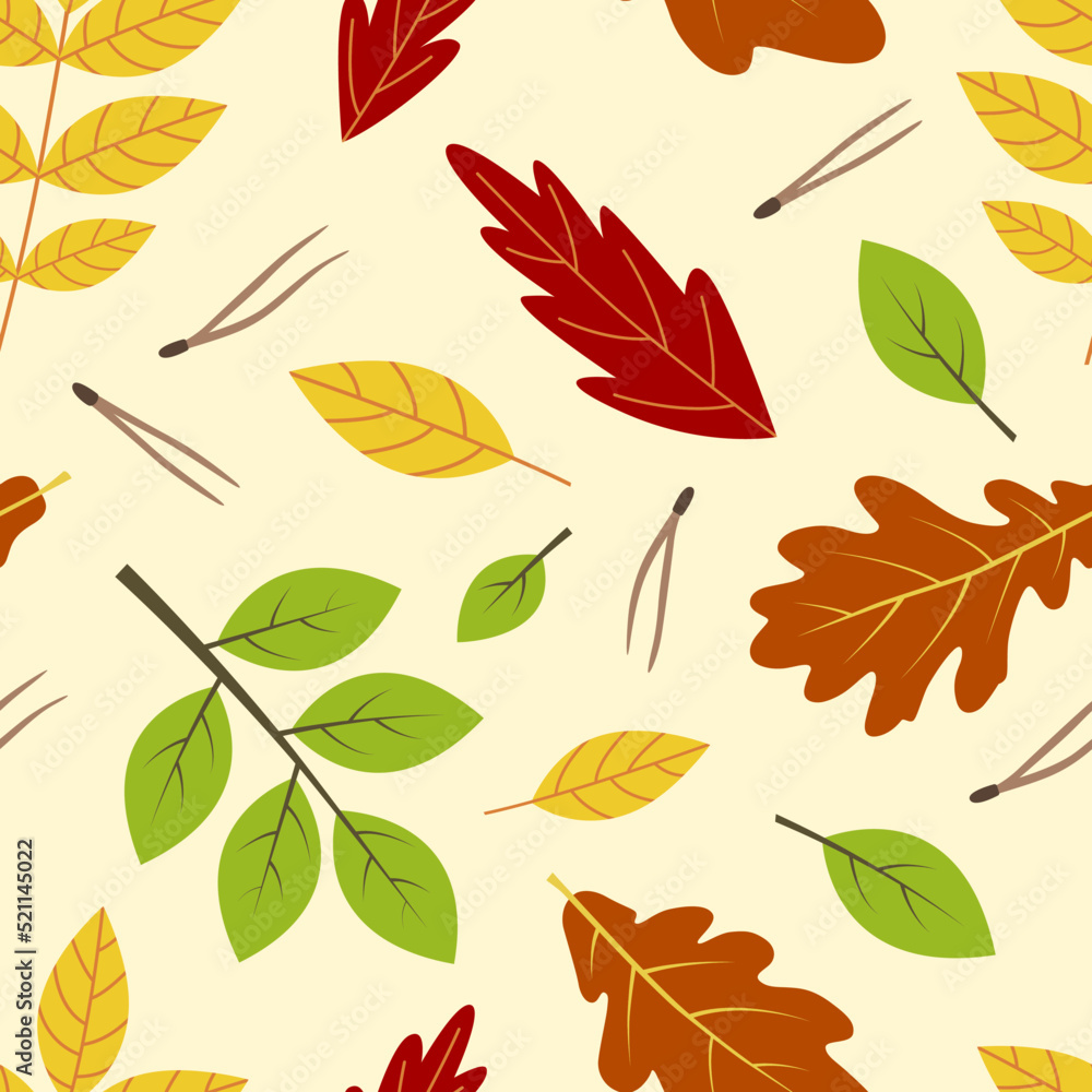 Fototapeta premium Pattern Autumn Forest in flat style. Oak leaves, rowan, and fir needles on a yellow background.