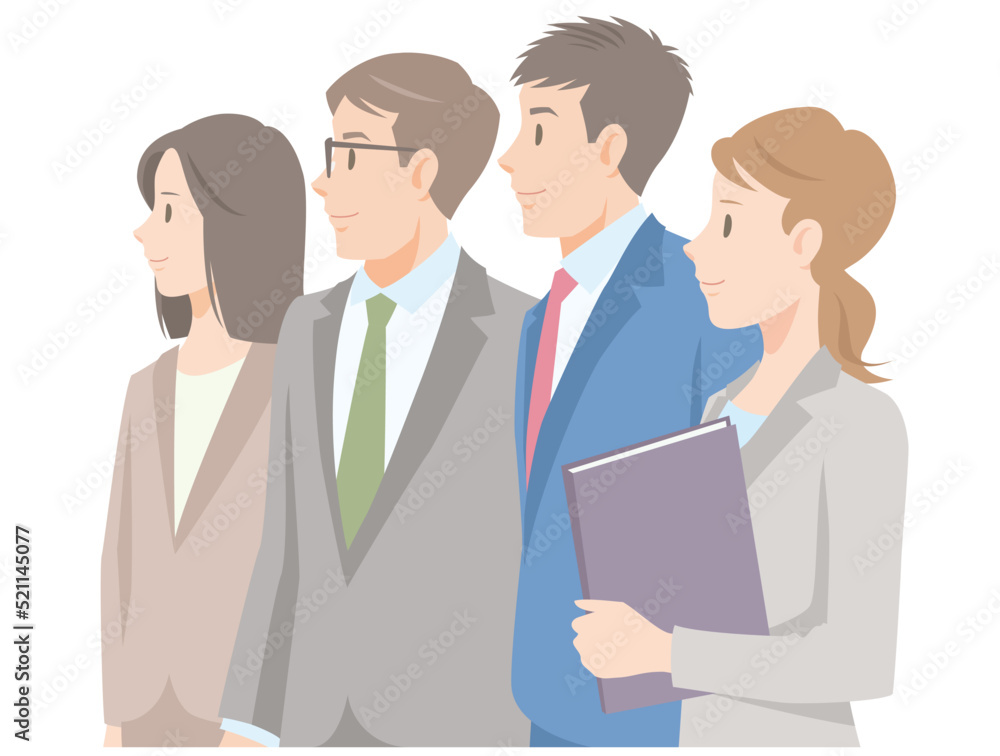 Young business people on white background. Successful men and women in suits standing with smile. Flat vector illustration isolated. Young business people on white background. Successful men and women in suits standing with smile. Flat vector illustration isolated.