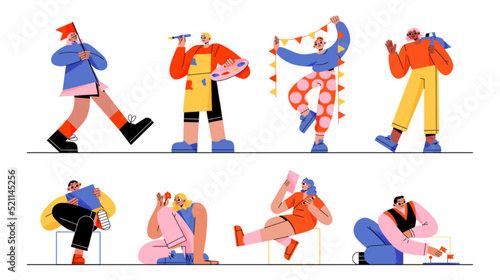 Mbti concept, people with different mindset types. Male and female characters with creative, imaginative, logical, structural, analytical thinking, Mind behavior mental models Line art flat vector set
