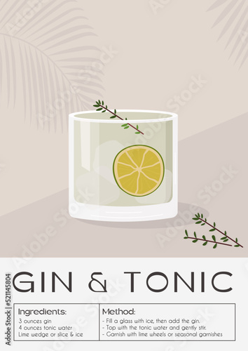 Gin Tonic Cocktail garnished with slice of lime and rosemary twigs. Summer aperitif trendy poster. Minimalist print with alcoholic beverage on background with palm shadow. Vector flat illustration. photo