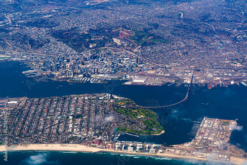 Aerial view of Coronado Bridge and San Diego downtown and Balboa Park