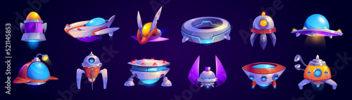 Alien spaceship game icons vector set. Funny rockets, ufo shuttles cartoon collection illustrations isolated on white background. Fantasy cosmic objects, computer game graphic design elements