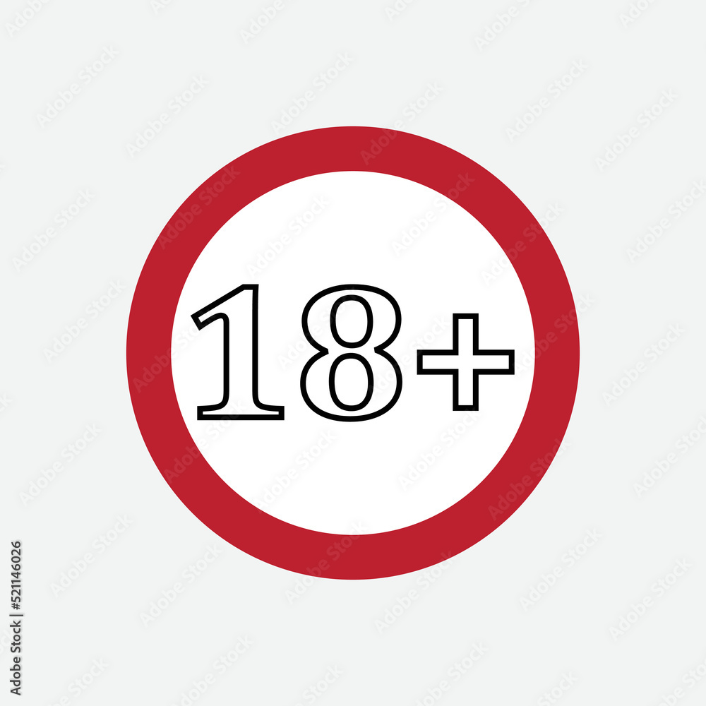 waning restriction 18+ adult vector sign in a red circle only over eighteen waning restriction 18+ adult vector sign in a red circle only over eighteen
