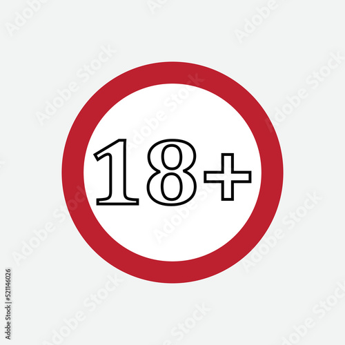 waning restriction 18+ adult vector sign in a red circle only over eighteen 