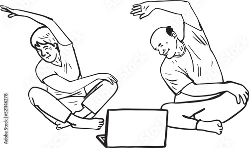 cartoon elderly men and women doing yoga online at home
