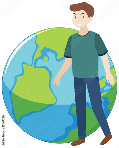Man stading next to earth cartoon