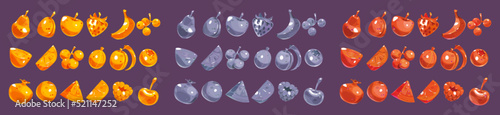 Gold, silver and bronze fruit and berries icons for game interface or gambling slot machine in casino. Vector cartoon set of metal pear, orange, banana, peach, watermelon, cherry, apple and plum
