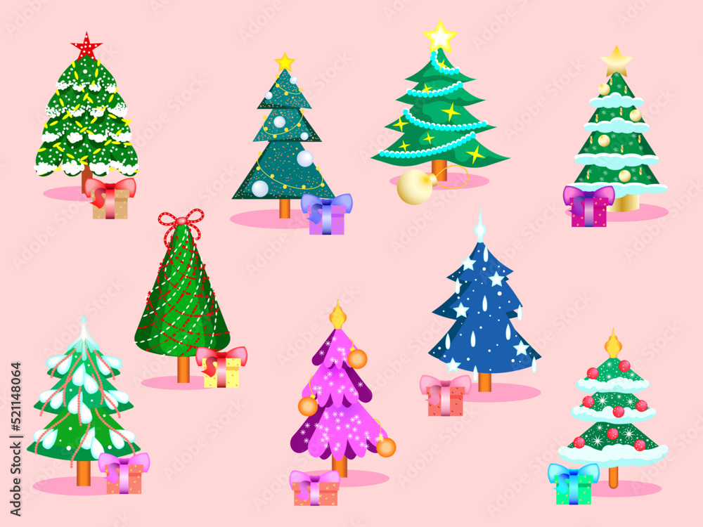 Set of Christmas trees, flat illustration.