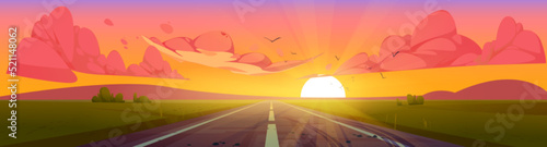 Road at sunset perspective view, summer nature landscape with sun behind the hills, orange sky with red fluffy clouds. Empty asphalted highway going along green fields, Cartoon vector illustration