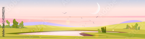 Cartoon nature landscape early morning. Pond at green field with bushes, flying birds. Scenery background with lake and crescent in pink sky, natural scene, Vector illustration