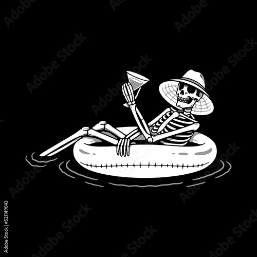 SIPPING ON BOOZE SKELETON FLOATS ON AN INFLATABLE RING WHITE BLACK BACKGROUND