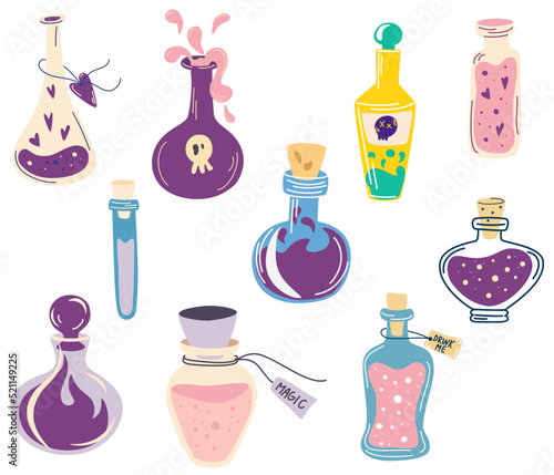 Potions Set. Design for Halloween, invitation cards, greeting cards, printing. Vector hand draw illustration isolated on the white background.