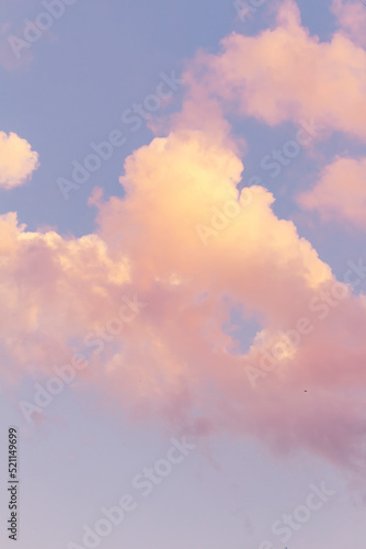 Vertical shoot, sunset with clouds. Dramatic pink cloud landscape at dusk sunrise sunset blue sky.
