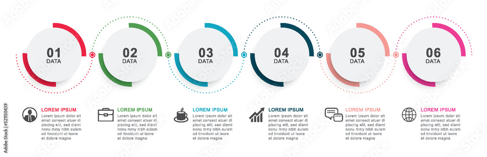 6 infographics circle timeline with number data template. Vector ...