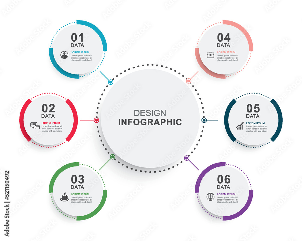 Infographics circle timeline with 6 number data template. Vector illustration abstract background. Infographics circle timeline with 6 number data template. Vector illustration abstract background.