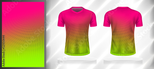 Vector sport pattern design template for V-neck T-shirt front and back with short sleeve view mockup. Pink-green color gradient geometric square line texture background illustration.