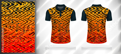 Vector sport pattern design template for Polo T-shirt front and back with short sleeve view mockup. Dark green-black and light red-orange-yellow color gradient wave texture background illustration.