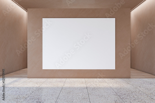 Luxury wooden and marble illuminated gallery interior with empty white mock up banner and reflections on floor. 3D Rendering.