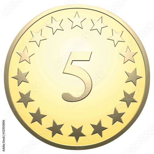 Golden star medal 5 on white background
