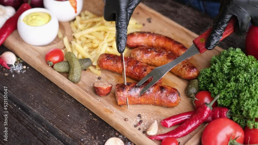 slicing tasty grilled sausage on a wooden serving board with french fries and sauces slicing tasty grilled sausage on a wooden serving board with french fries and sauces