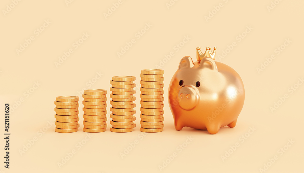 Gold piggy bank wearing a crown with gold coin money stacks finance ...