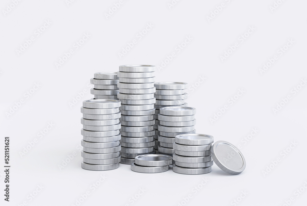 Silver coin stacks money currency finance savings investment concept background 3D illustration Silver coin stacks money currency finance savings investment concept background 3D illustration
