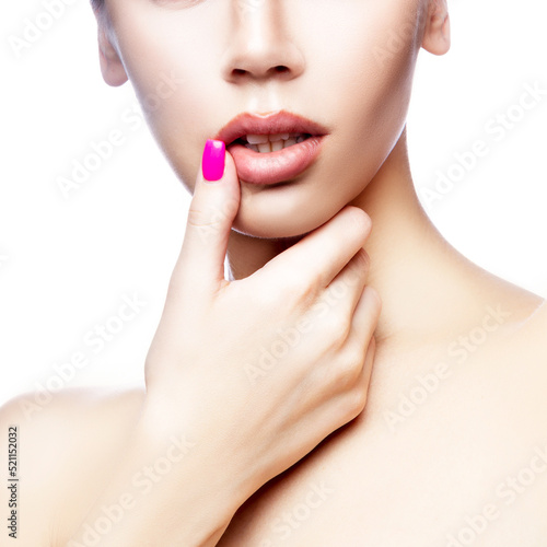 Lips, face, hand, shoulders. Woman with perfect skin and makeup