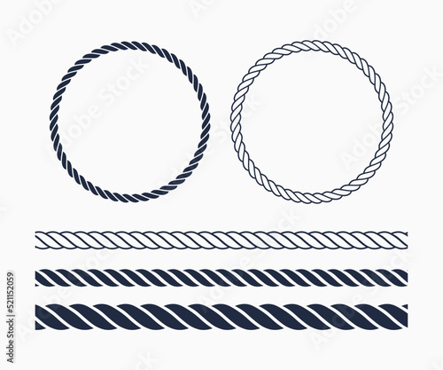 Rope vector icon. White and black round rope frames. Repeating rope pattern. Rope brushes set.