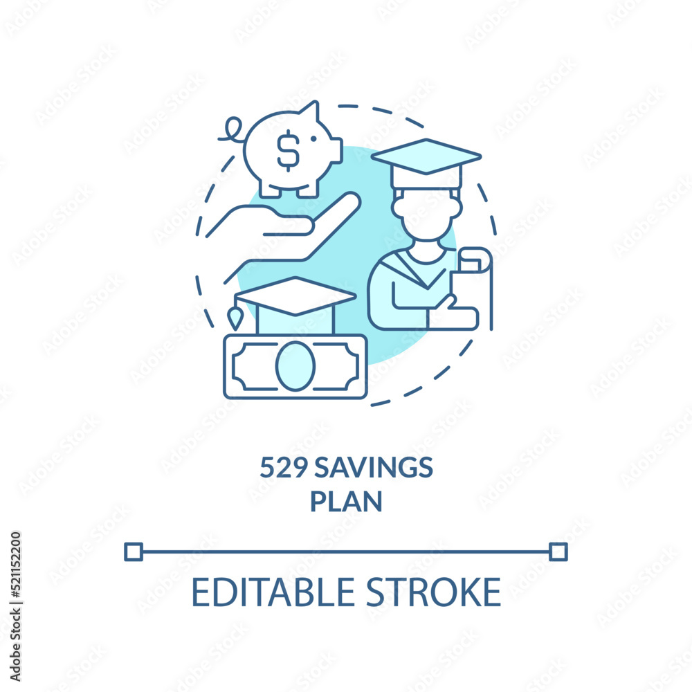 State run savings plan turquoise concept icon. Account type for college payments abstract idea thin line illustration. Isolated outline drawing. Editable stroke. Arial, Myriad Pro-Bold fonts used