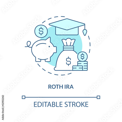 Roth IRA turquoise concept icon. Education expenses. Account for college savings abstract idea thin line illustration. Isolated outline drawing. Editable stroke. Arial, Myriad Pro-Bold fonts used