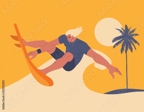 Young man surfing riding board and big wave in sea or ocean. Happy surfers in beachwear with surfboards isolated on white background. 
Vector design illustration.