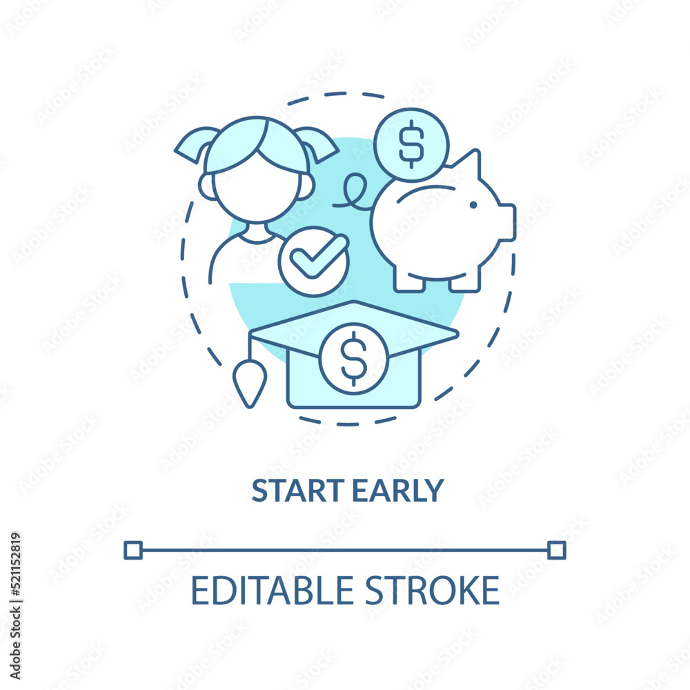 Start early turquoise concept icon. Money for education. Tip for saving for college abstract idea thin line illustration. Isolated outline drawing. Editable stroke. Arial, Myriad Pro-Bold fonts used Start early turquoise concept icon. Money for education. Tip for saving for college abstract idea thin line illustration. Isolated outline drawing. Editable stroke. Arial, Myriad Pro-Bold fonts used