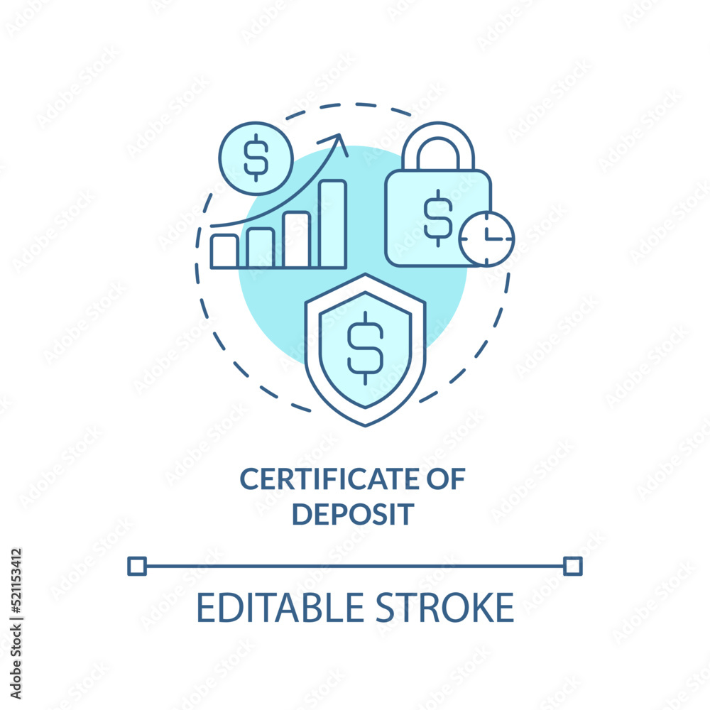 Certificate of deposit turquoise concept icon. Financial safety. Saving account abstract idea thin line illustration. Isolated outline drawing. Editable stroke. Arial, Myriad Pro-Bold fonts used