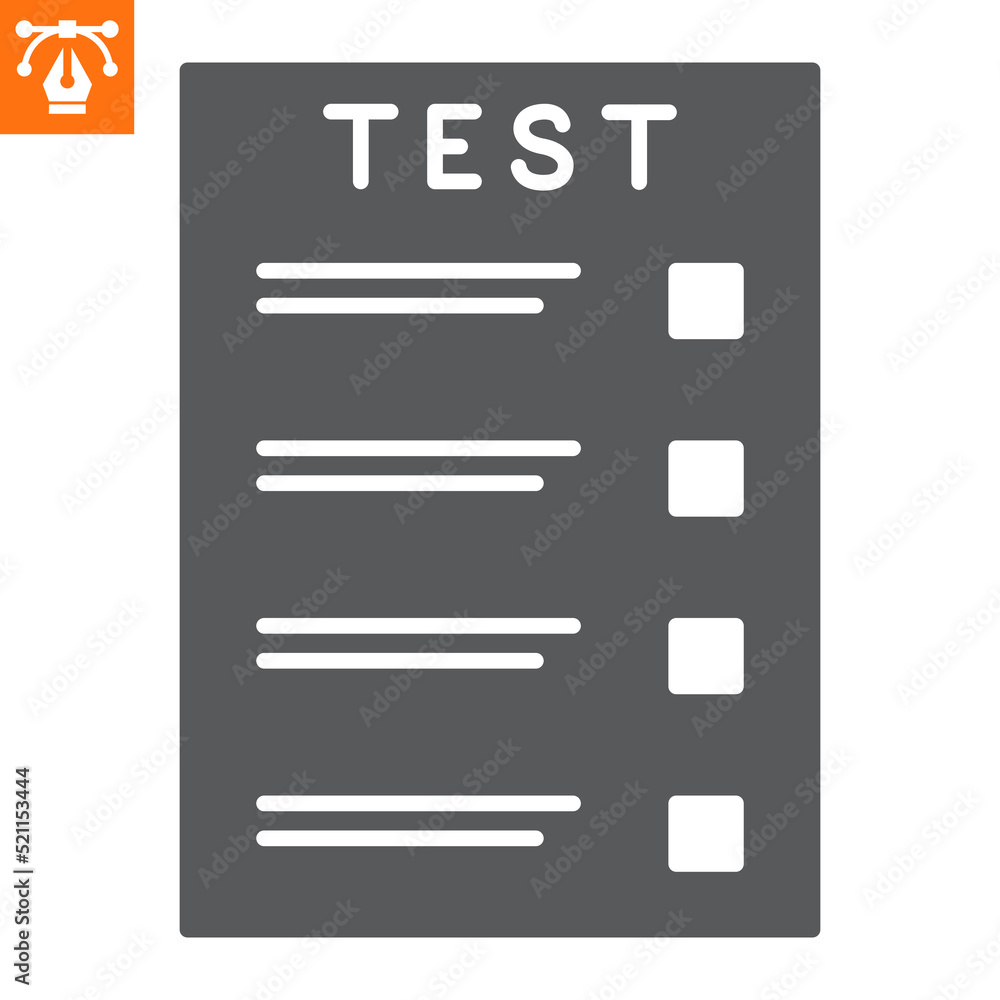 Paper test solid icon, glyph style icon for web site or mobile app, worksheet and checklist, questionnaire vector icon, simple vector illustration, vector graphics with editable strokes. Paper test solid icon, glyph style icon for web site or mobile app, worksheet and checklist, questionnaire vector icon, simple vector illustration, vector graphics with editable strokes.