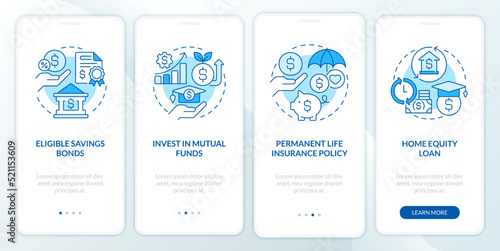 Ways to save for college blue onboarding mobile app screen. Finance walkthrough 4 steps editable graphic instructions with linear concepts. UI, UX, GUI template. Myriad Pro-Bold, Regular fonts used