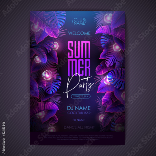 Summer tropic disco party poster with fluorescent tropic leaves and modern electric lamps. Nature concept. Summer background. Vector illustration