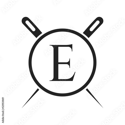 Letter E Tailor Logo, Needle and Thread Combination for Embroider, Textile, Fashion, Cloth, Fabric Template