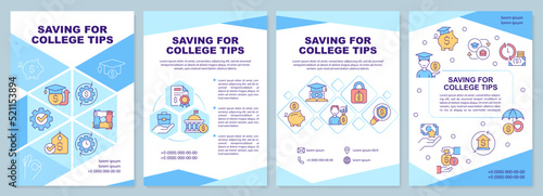 Saving for college tips blue brochure template. Budget. Leaflet design with linear icons. Editable 4 vector layouts for presentation, annual reports. Arial-Black, Myriad Pro-Regular fonts used