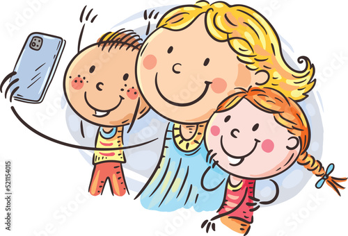 Cartoon family clipart. Selfie of happy mom with two children: boy and girl.