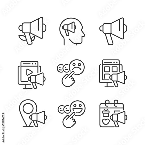 Marketing channels pixel perfect linear icons set. Sharing information. Customer satisfaction. Brand awareness. Customizable thin line symbols. Isolated vector outline illustrations. Editable stroke