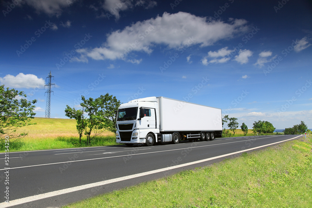 Landscape with a moving truck on the highway.