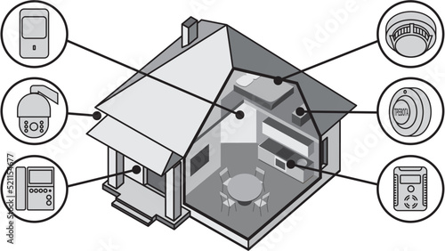 Simplified illustration of Building with a view of the interior. Intelligent home