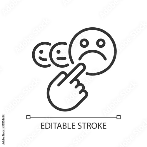 Negative feedback pixel perfect linear icon. Customer dissatisfaction. Bad review. Angry consumer. Thin line illustration. Contour symbol. Vector outline drawing. Editable stroke. Arial font used